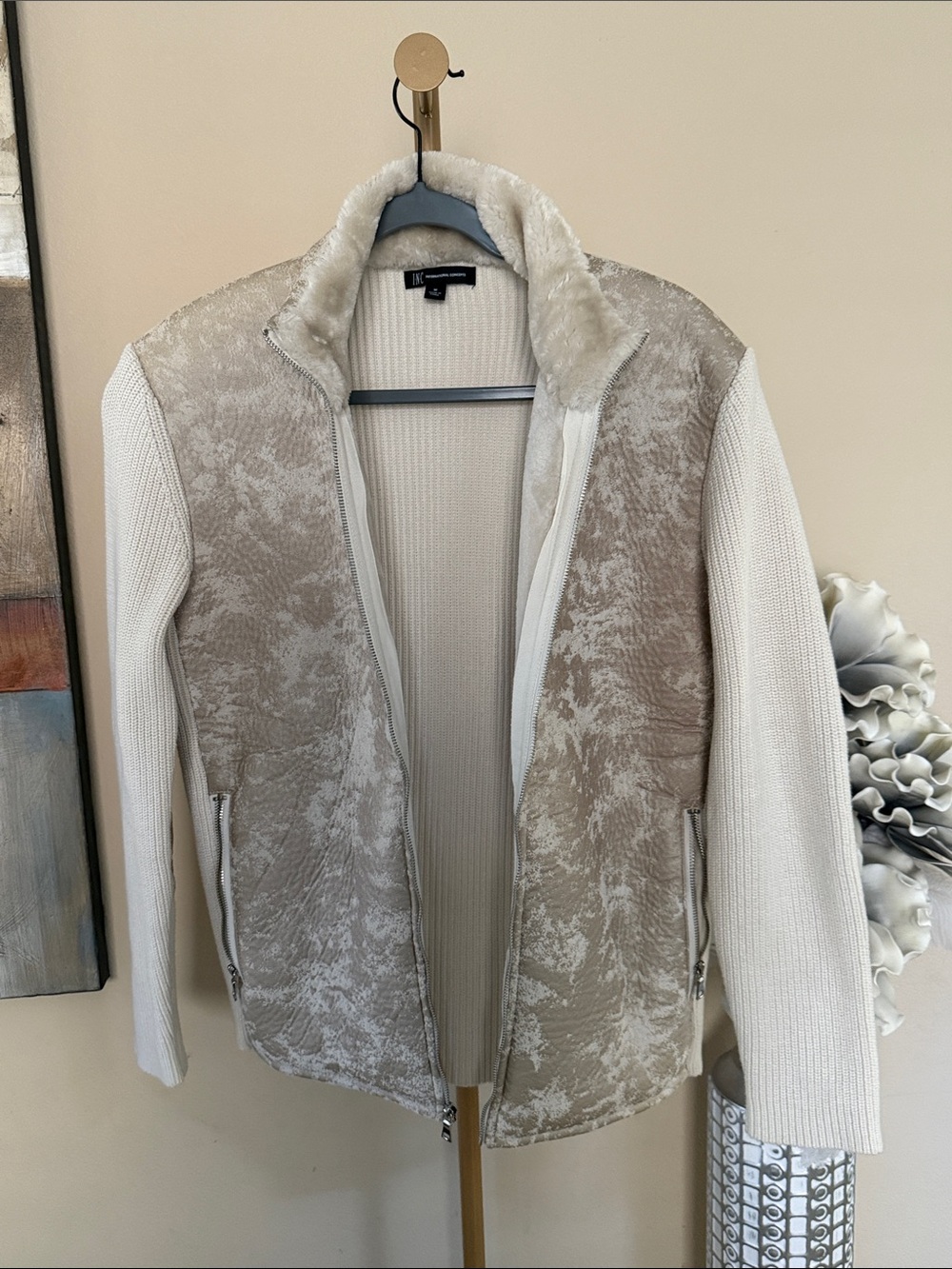 INC International Concepts Cream & Taupe Faux-Shearling Zip Front Jacket